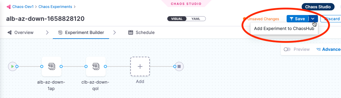 Experiment details screen with Save and Add to ChaosHub options circled